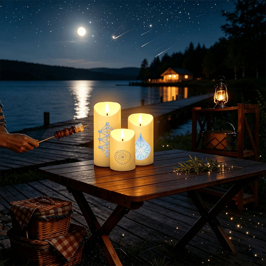 12D Sacred Geometry Flameless LED Pillar Candle Set (Pack of 3) - Kathara Grid, Eckasha & Eternal Lotus