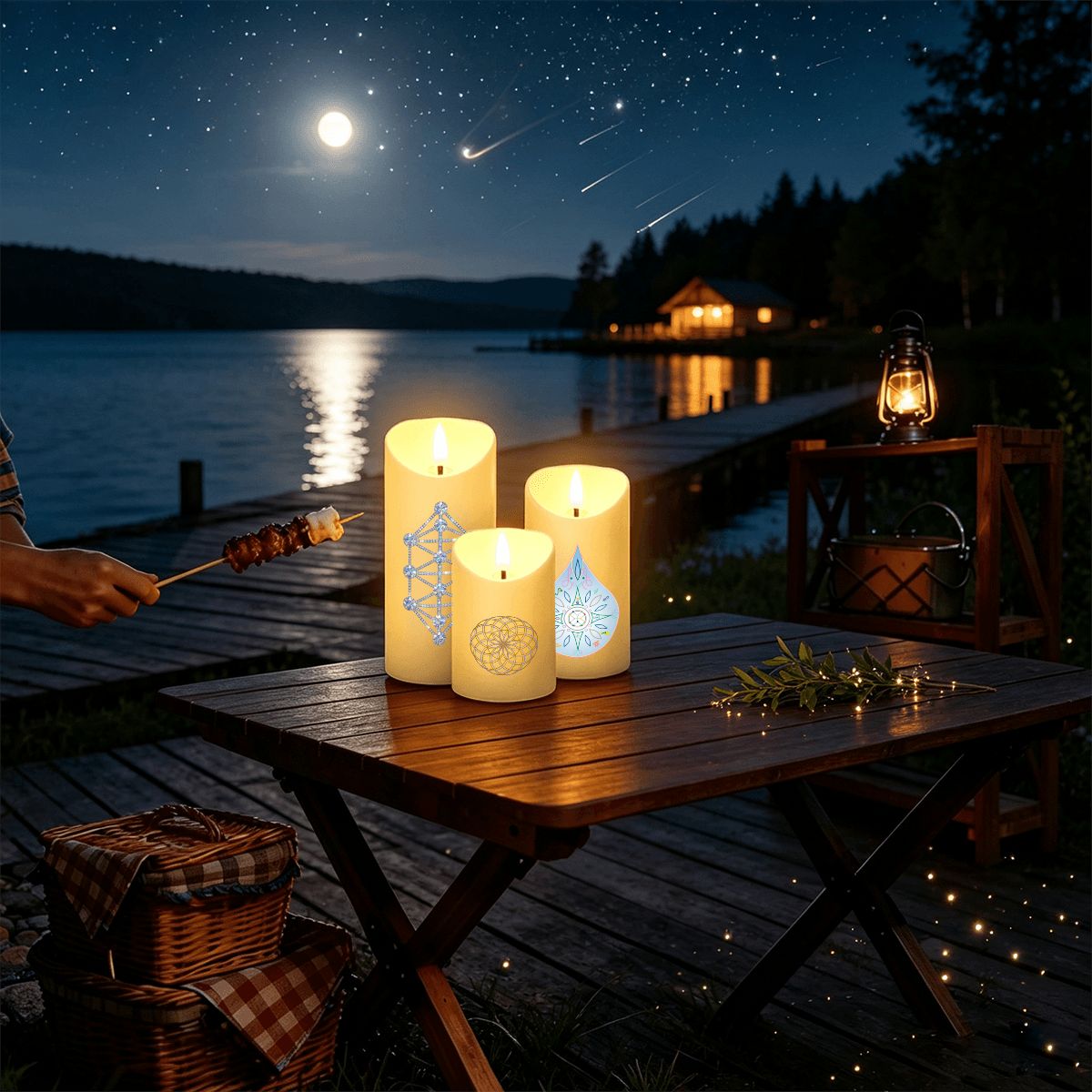 12D Sacred Geometry Flameless LED Pillar Candle Set (Pack of 3) - Kathara Grid, Eckasha & Eternal Lotus
