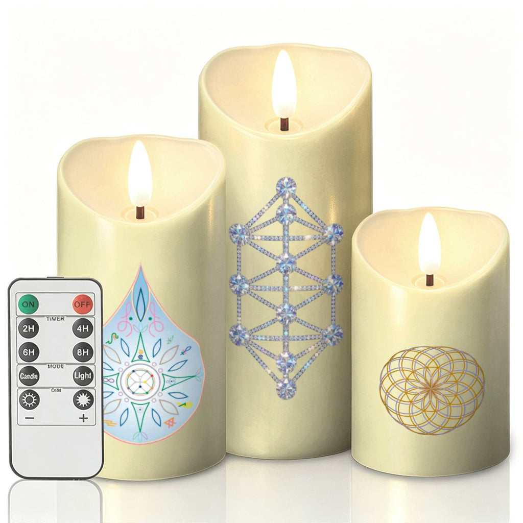 12D Sacred Geometry Flameless LED Pillar Candle Set (Pack of 3) - Kathara Grid, Eckasha & Eternal Lotus
