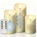 12D Sacred Geometry Flameless LED Pillar Candle Set (Pack of 3) - Kathara Grid, Eckasha & Eternal Lotus