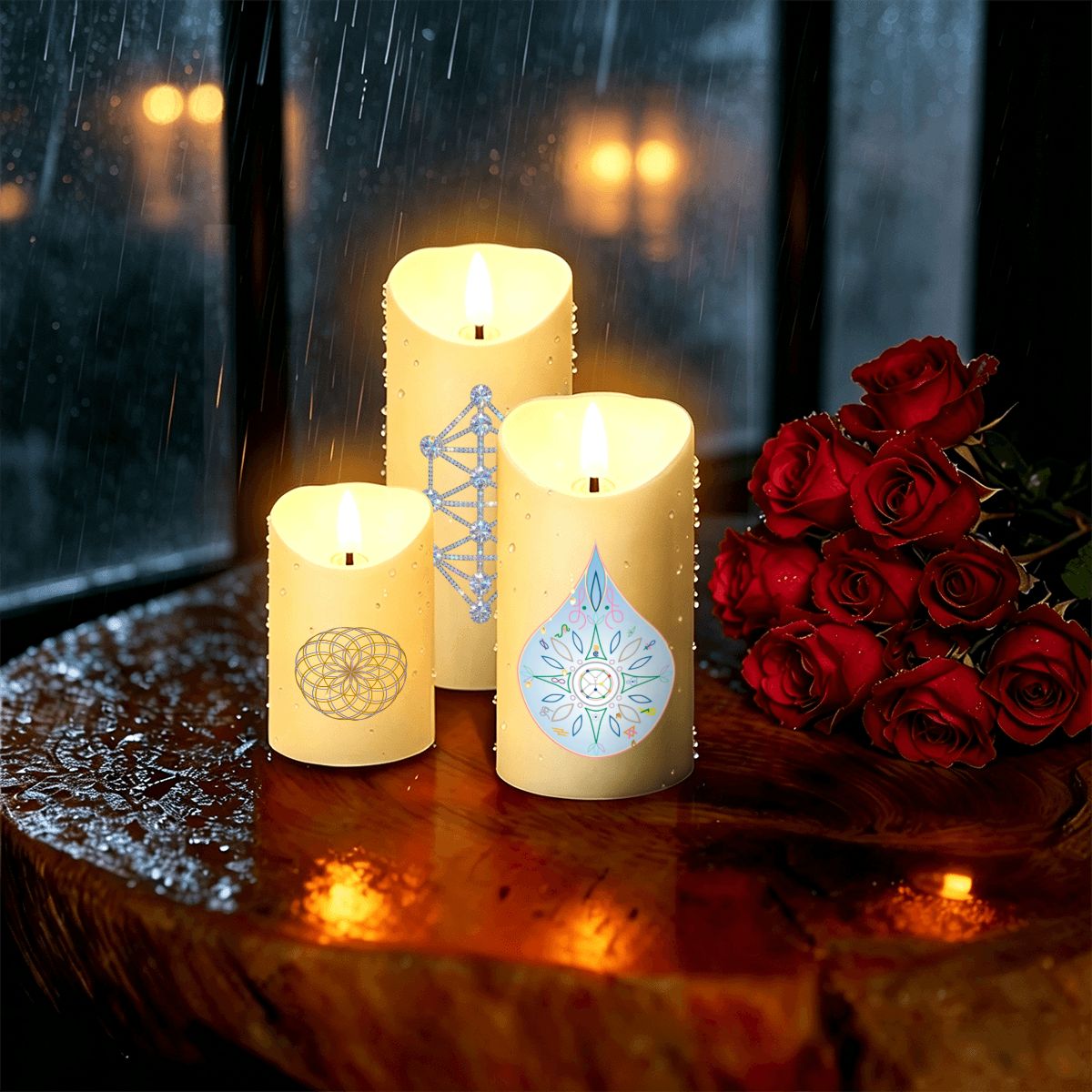 12D Sacred Geometry Flameless LED Pillar Candle Set (Pack of 3) - Kathara Grid, Eckasha & Eternal Lotus