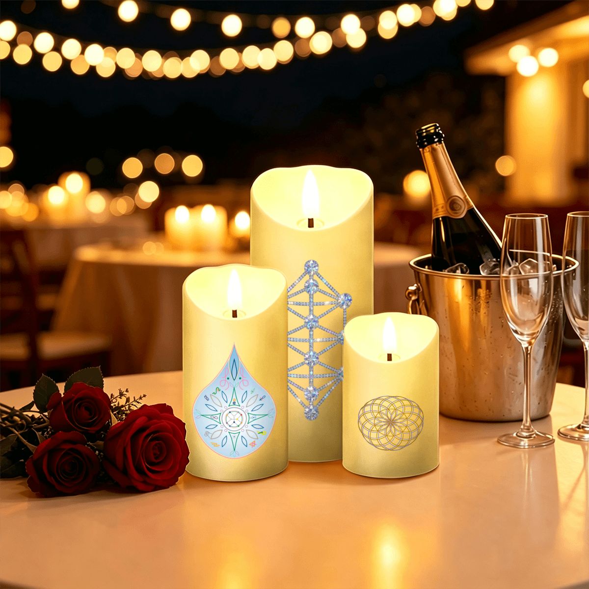 12D Sacred Geometry Flameless LED Pillar Candle Set (Pack of 3) - Kathara Grid, Eckasha & Eternal Lotus