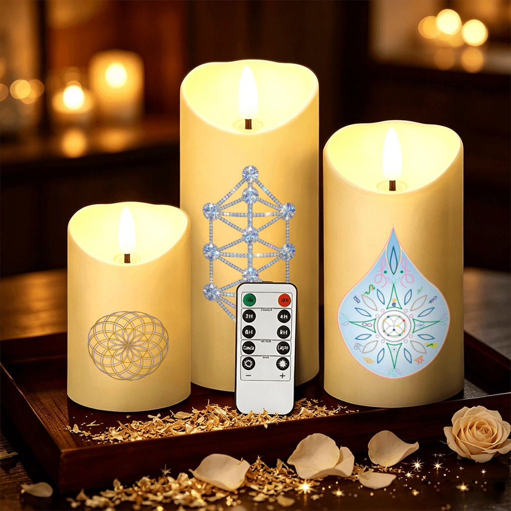 12D Sacred Geometry Flameless LED Pillar Candle Set (Pack of 3) - Kathara Grid, Eckasha & Eternal Lotus