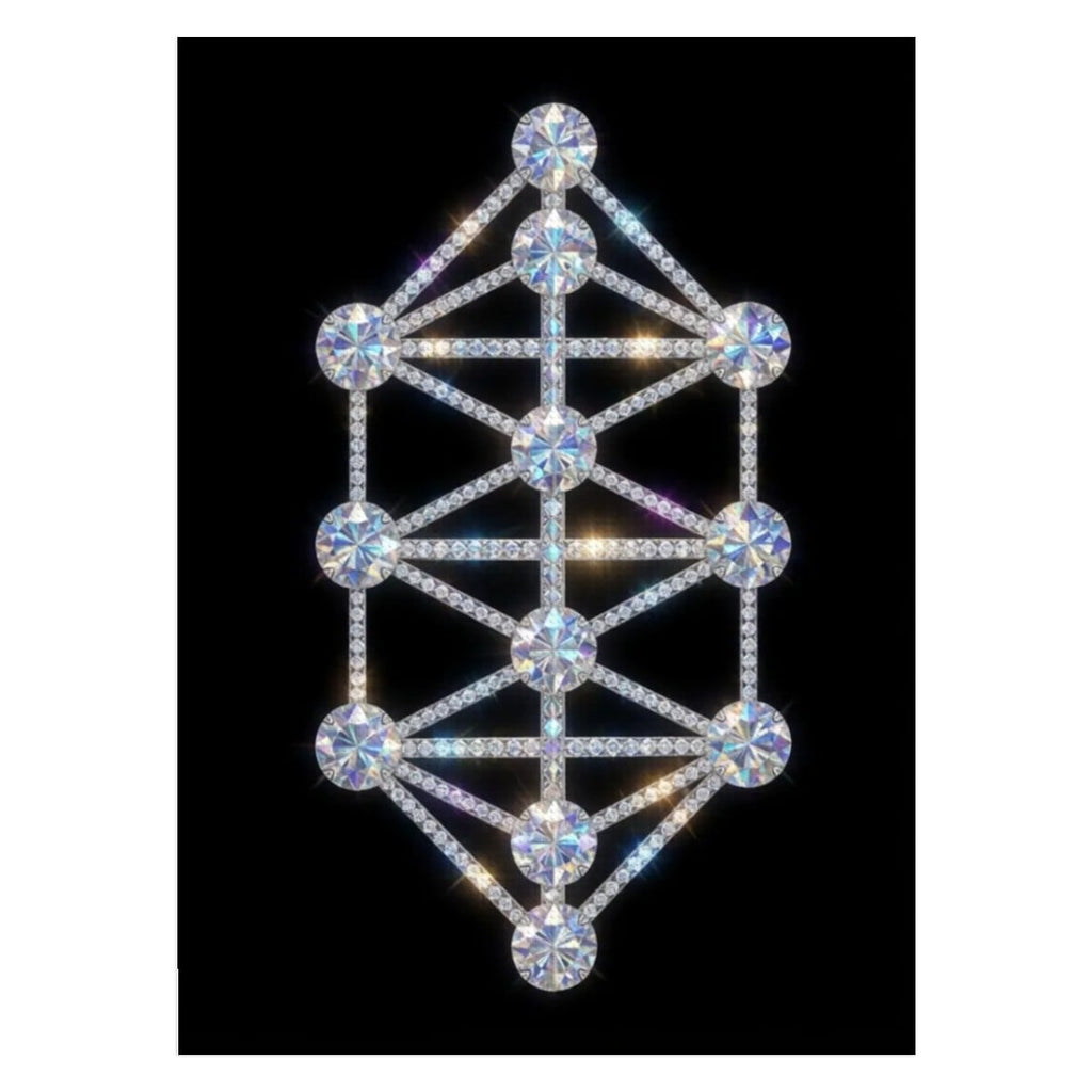 A sparkling 12-Tree Kathara Grid diamond painting kit featuring sacred geometry, iridescent crystals, and bio-spiritual alignment tools against a deep cosmic void