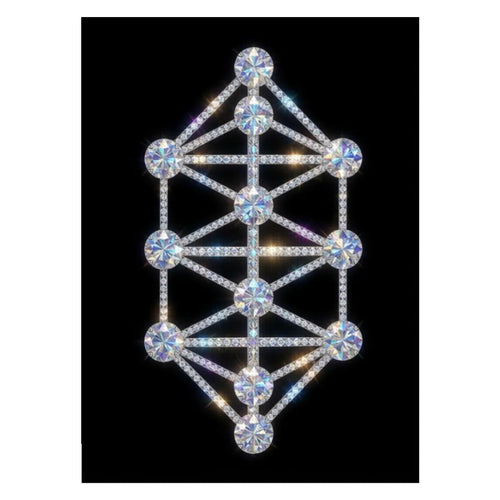 A sparkling 12-Tree Kathara Grid diamond painting kit featuring sacred geometry, iridescent crystals, and bio-spiritual alignment tools against a deep cosmic void