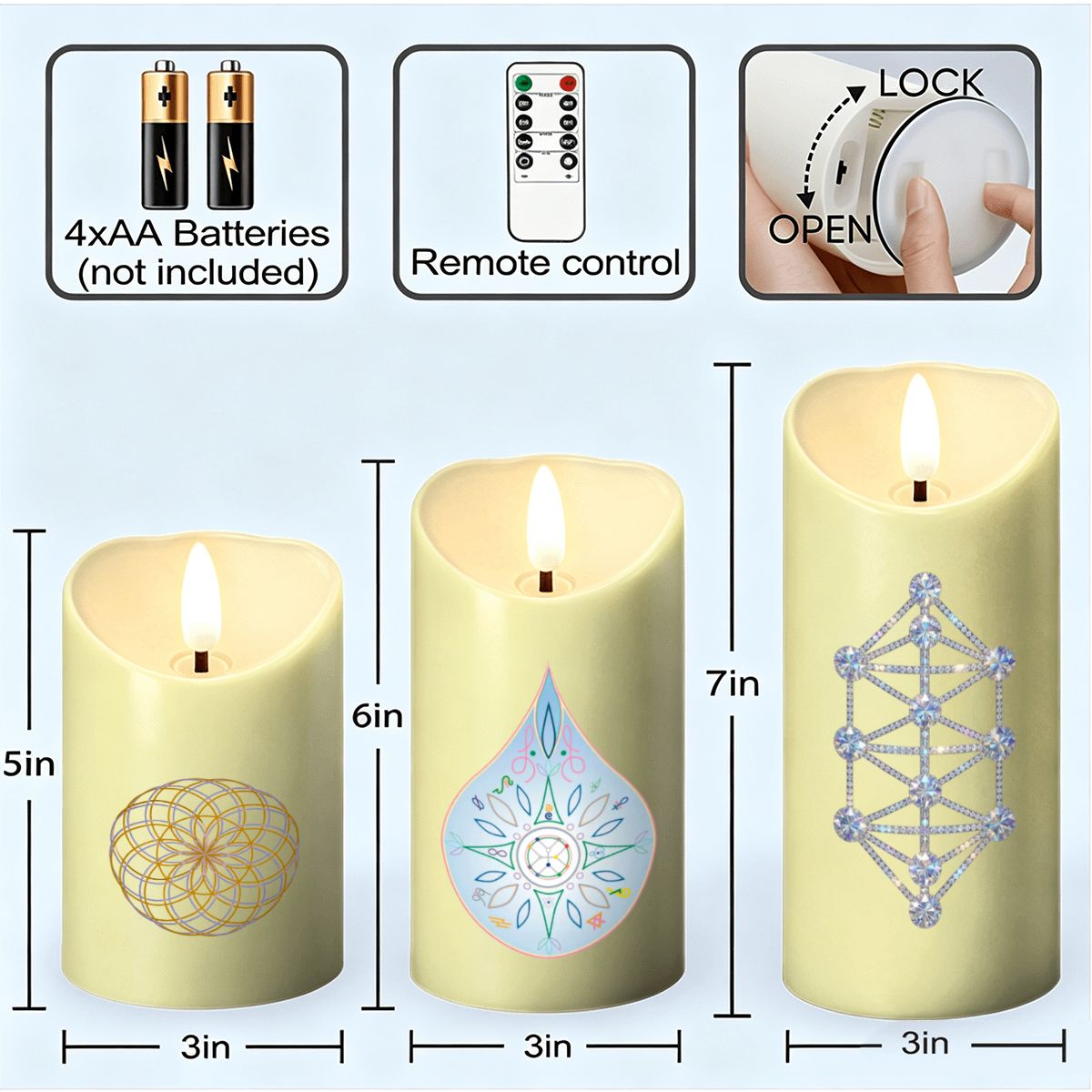 12D Sacred Geometry Flameless LED Pillar Candle Set (Pack of 3) - Kathara Grid, Eckasha & Eternal Lotus